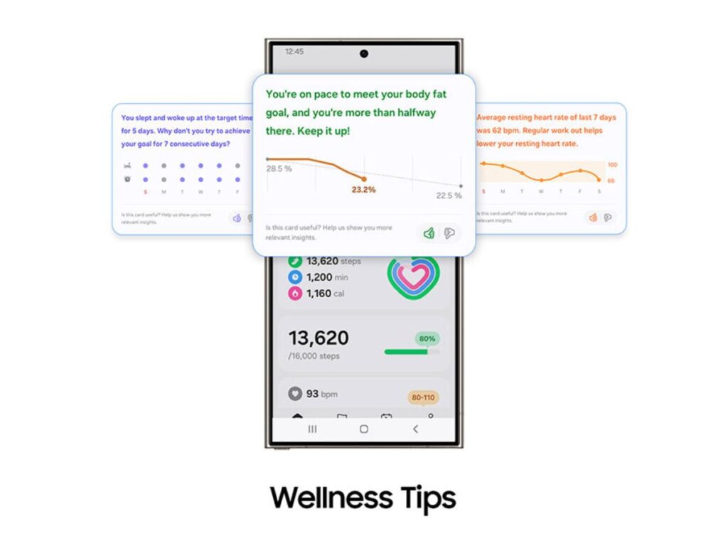 Tampilan UI fitur Wellness Tips di aplikasi Galaxy Health