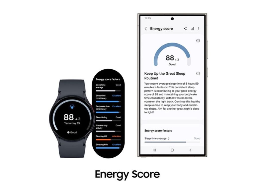 Galaxy Watch6 Dengan perangkat Galaxy S24 ultra menampilkan fitur Dari energy score
