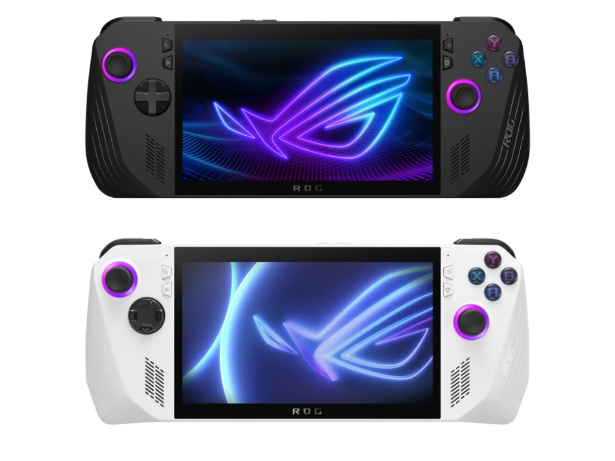 penampakan depan Konsol handheld ASUS ROG Ally X berwanra hitam atas dan ROG Ally berwarna putih di bawah