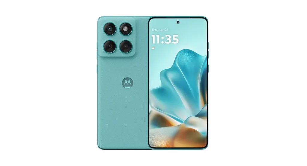 Smartphone atau HP Motorola Edge 60 dengan warna hijau dan tampak depan dan belakang