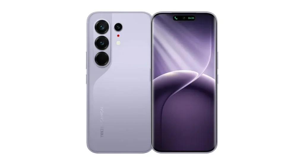 HP Smartphone TECNO CAMON 50 Pro 5G berwarna ungu dengan curve screen dan terlihat depan dan belakang
